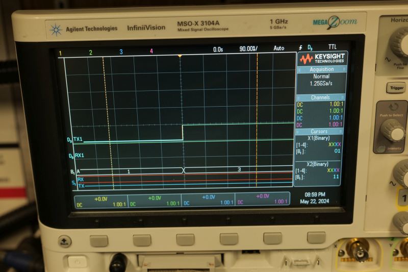 UART packets being decoded on an oscilloscope screen